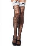 Black bow and white frill Small netting Fishnet Thigh high Stockings
