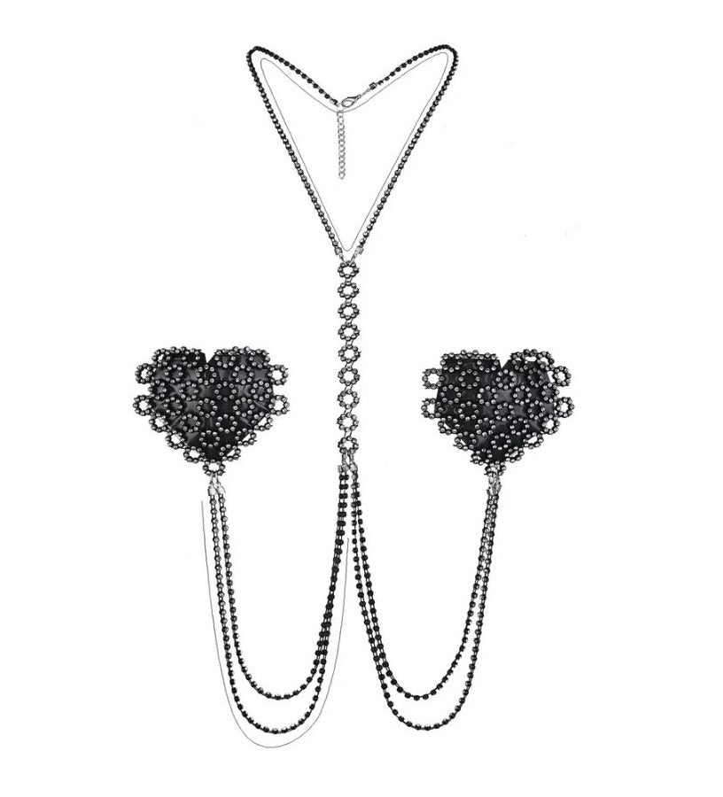 Heart Rhinestone Choker Harness with nipple pasties