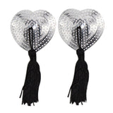 Silver Sequin with Black Tassels Heart Nipple Pasties