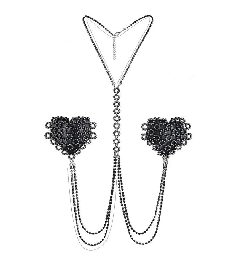 Heart Shape Nipple Stickers w/Collar Metal Chain Tassel O-ring Decor Bra  Pasties