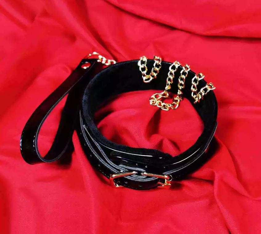 Black Slick Collar with Gold Leash