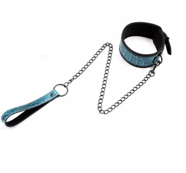 Blue Crocodile Pattern Collar with Black Leash