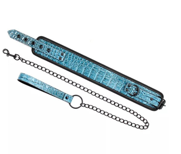 Blue Crocodile Pattern Collar with Black Leash