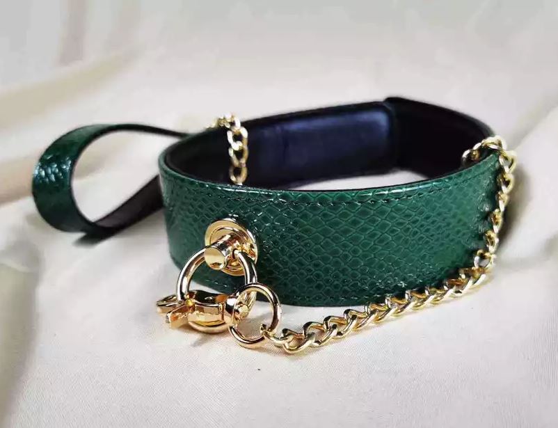 Green Snake Pattern Collar with Gold Leash