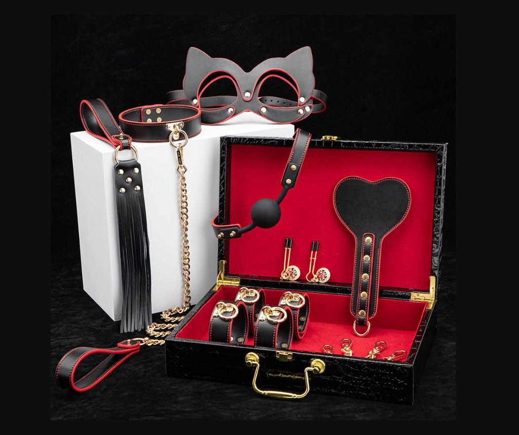 Luxury Leather 8-Piece Black & Red Bondage Kit