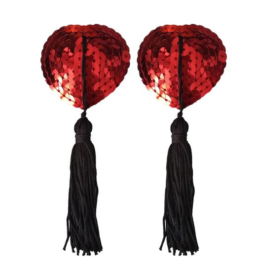 Red Sequin with Black Tassels Heart Nipple Pasties