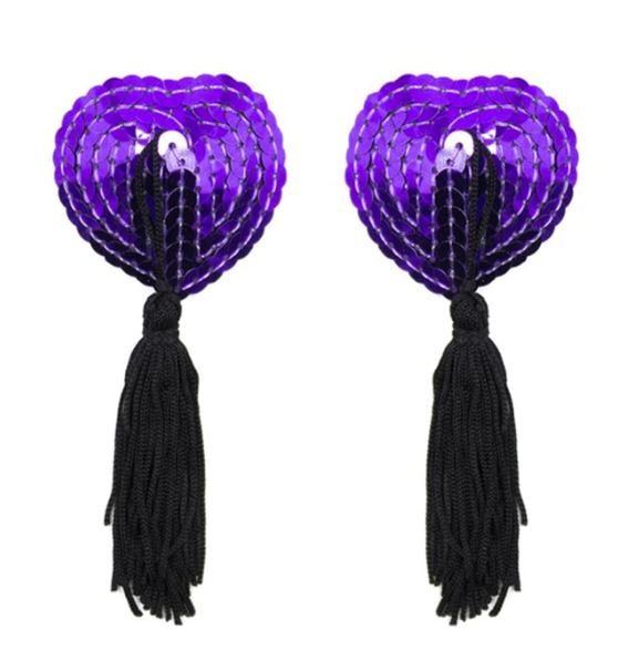 Purple Sequin with Black Tassels Heart Nipple Pasties